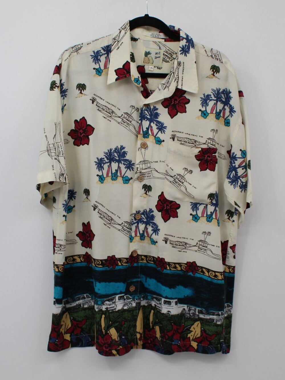 M.E. SPORTS MENS HAWAIIAN BUTTON UP SHIRT XL 100%‎ RAYON VTG CARS & PALM TREES
